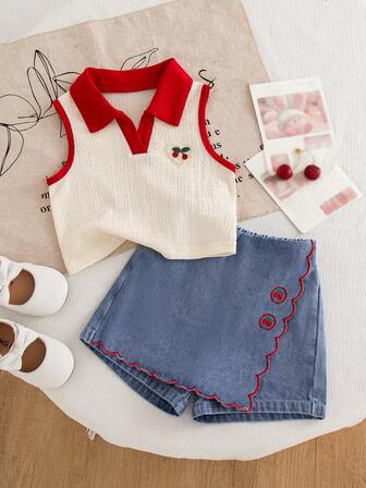 Genkimix Kids Set de 2 piezas para niñas pequeñas: Top de chaleco con cuello y parche en forma de corazón, de tela de punto texturizada color albaricoque, y falda pantalón de mezclilla con volantes y bordado floral vintage de cerezas