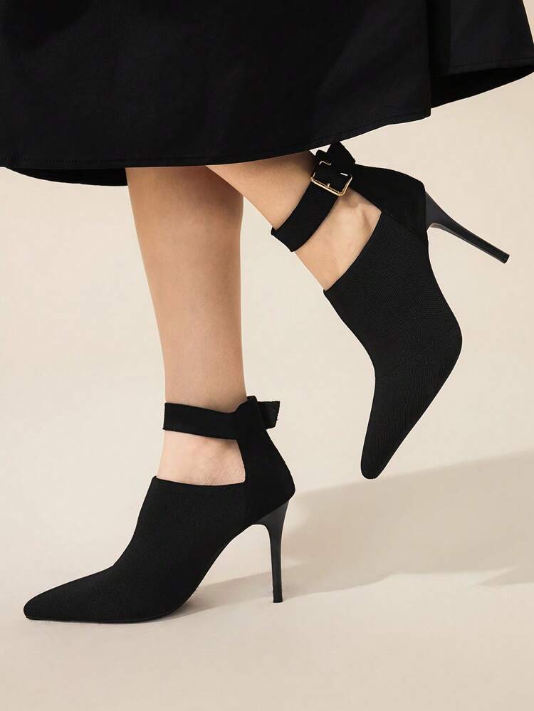 CUCCOO BASICS Women's Fashion Black Ankle Strap Knit Material Pointed Toe Stiletto Heel Ankle Boots, Sexy For Date, Party, Formal Occasions For Christmas Spring Shoes