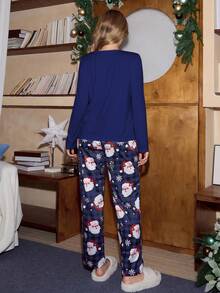 SHEIN Conjunto de pijama cómodo para mujer con estampado de bloques de color, Papá Noel, cuadros y copos de nieve, de manga raglán y cuello redondo, para otoño e invierno - Azul Marino - View 2