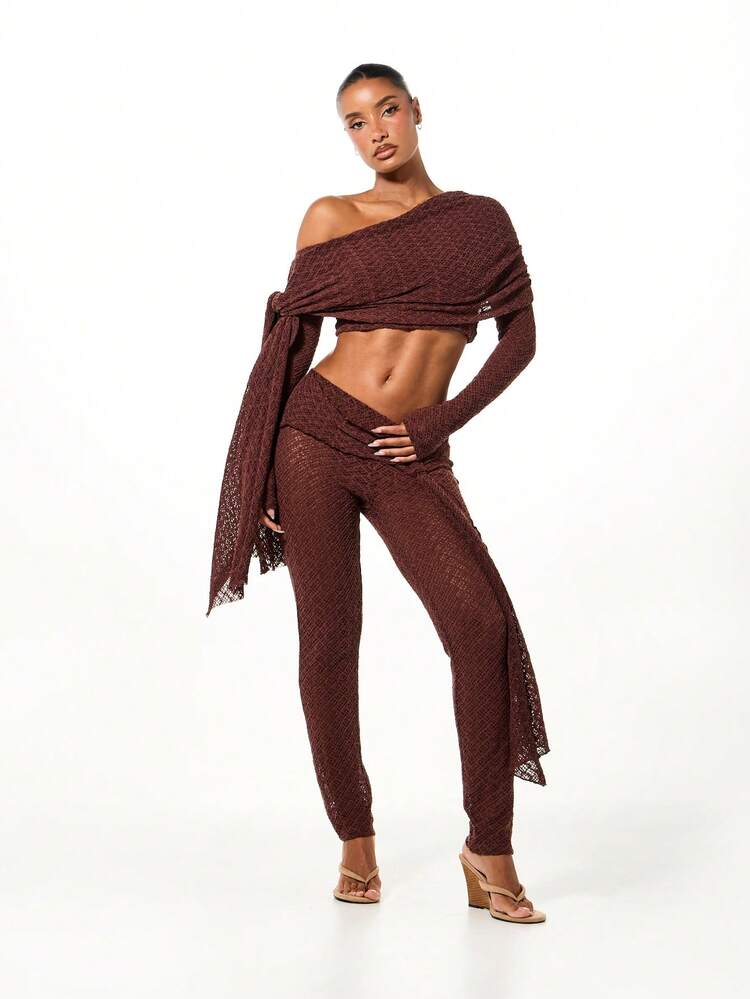 SUMWON Lace Off Shoulder Long Sleeve Crop Top With Tie Long Leggings Two Piece Co Ord Set