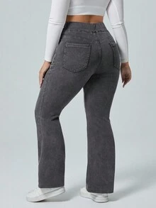 Flexra Quần jean ống rộng ống loe cạp chun co giãn màu trơn cỡ lớn - Xám - Xem 2