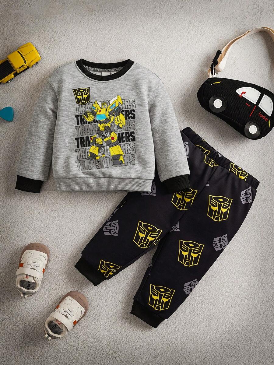 Transformers X SHEIN مجموعة بلوزة طويلة الأكمام وبنطلون رياضي للأطفال الصبية بطبعة روبوت وألوان متباينة، 2 قطعة - متعدد الألوان - مشاهدة 1