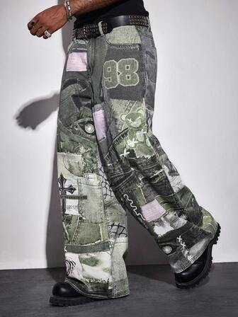 Street Life Herren Loose Fit Jeans mit Cartoon Bär Grafik Tasche und weitem Bein, Lässig