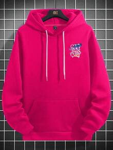 Manfinity Homme 宽松男士标语卡通图案口袋抽绳粉色连帽衫，街头风，秋季长袖上衣 - 玫紅色 - 查看 3