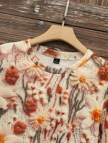 SHEIN LUNE Casual Minimalist Printed Pattern Crew Neck Loose Fit Women Sweatshirt, Vintage Style, 3D Embroidered Print, Suitable For Early Autumn,Fall