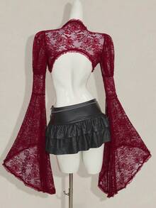 SHEIN ICON Camiseta Longa de Manga Sino de Renda Gótica Feminina para Halloween - Vinho - Visão 2