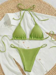 SHEIN Swim 2026 Spring/Summer Women's Vacation Special Fabric Spaghetti Strap Halter Green Sexy Thong Bikini 2 Pieces Swimsuit - Lime Green - View 1