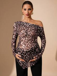 MaterniChic Maternity Leopard Print Oblique Shoulder Long Sleeve T-Shirt Sexy Maternity Dress Cheetah Print Top Maternity Tops One Shoulder Top Plus Leopard Top - Grey - View 7