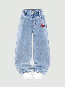 SHEIN ChillGRL 2pcs Young Girls Cherry Sweatshirt & Jeans Outfit Set,Thermal Lined Crew Neck Hoodie,Vintage Washed Blue Denim Shorts,Autumn,Career Day,Back-To-School - Multicolor - View 3