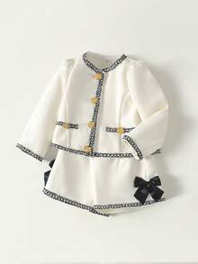 Maija Kids 少女秋冬时尚，简约高端感，黑白撞色蝴蝶结，蕾丝装饰，羊毛大衣，短裤套装，适合圣诞节穿着。 - 白色 - 查看 5