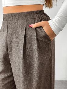 SHEIN Essnce 大码女装秋冬时尚休闲宽松日常舒适复古灰色弹力腰阔腿裤，女式下装，工作裤，秋季穿搭，复古风，经典裤装，曲线裤 - 卡其色 - 查看 6