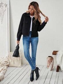 EMERY ROSE Women's Casual Versatile Suede Fleece Slim Fit Jacket, Autumn - Black - View 4