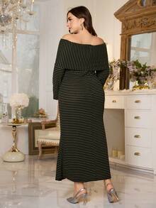 Modelyn Plus Size Striped Knit Off Shoulder Casual Comfortable Dress - Multicolor - View 2