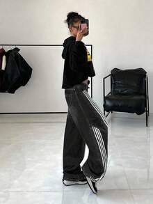 StreetHx 女士口袋条纹阔腿宽松休闲牛仔裤 - 黑色 - 查看 2