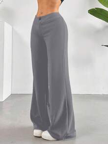 SHEIN EZwear Solid High Rise Flared Straight Leg Pants - Grey - View 6