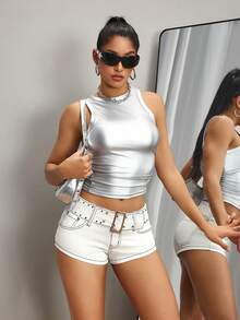 SHEIN ICON Quần short denim cạp rộng màu trơn thời trang thường ngày dành cho nữ - trắng - Xem 7