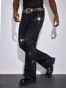 ROMWE MEN Street Life Men's Pocket Rhinestone Embellished Casual Flare Leg Jeans - Black - View 6