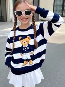 Sparklyn 1件少女休闲简约学院风藏蓝色条纹可爱小熊图案圆领针织卫衣，适合秋冬季节、返校季穿着，复古可爱风格，女童秋季服装 - 彩色 - 查看 3