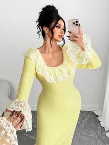 Elenzga Women's Elegant Lace Trim Long Sleeve Loose Fit Flattering Plus Size Sweater Dress, Outerwear, Women's Winter Dress - Yellow - View 7