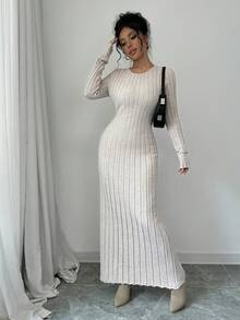 Selianne Vestido de suéter largo de unicolor acanalado para mujer - Albaricoque - Ver 8