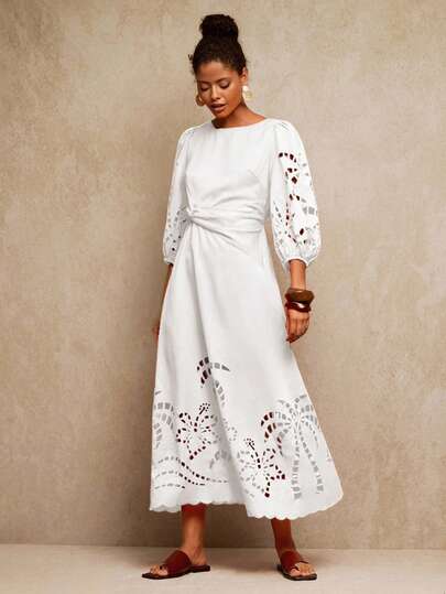 Travachic Solid Color Woven Dress For Women, Vacation,White Dresses For Women,White Dress Réveillon,White Outfit For New Year's Eve,Cutout And Laser-Engraved Clothing,Vacation Casual Terno Outfit For Women,Winter Clothes For Women,Christmas Outfit For Women,Summer Outfits For Women,New Year Outfit,Party Outfit,Christmas Dress,Party Dress,Beach Outfit,Elegant Dresses For Women