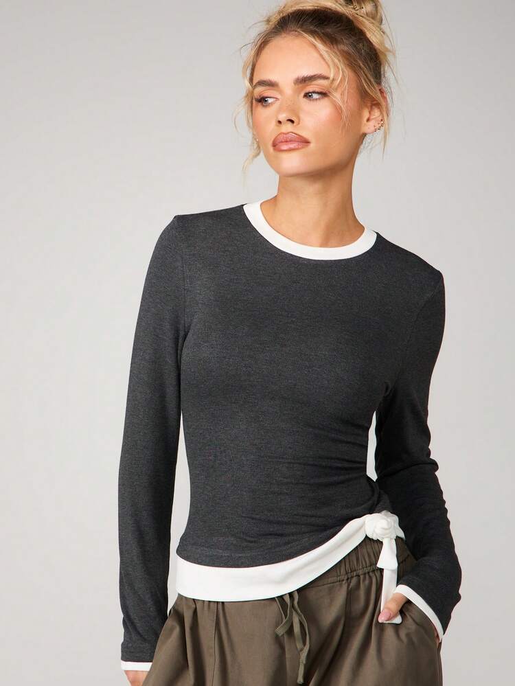 MISSGUIDED Contrast Ribbed Long Sleeve Crew Neck Top With White Trim Detail For Casual Fall Winter Layering