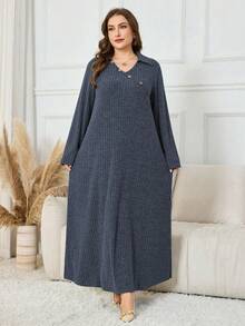 Lacomfia Elegant Casual Plus Size Women  Style Collared Button Design Long Sleeve Dress - Blue - View 5