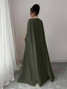 Rafferiza Women's Elegant 2 Pieces Set: Ribbon Trim Batwing Sleeve Outerwear And Sleeveless Dress Open Abaya Abayas Dubai Luxury Arabic Dress Dress With Cape Dress Modest - Army Green - View 2