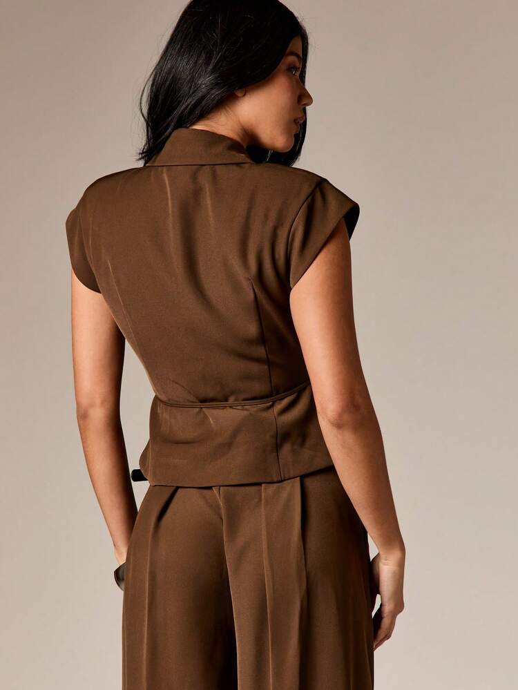 Cap Sleeve Belted Waistcoat With Wrap Front