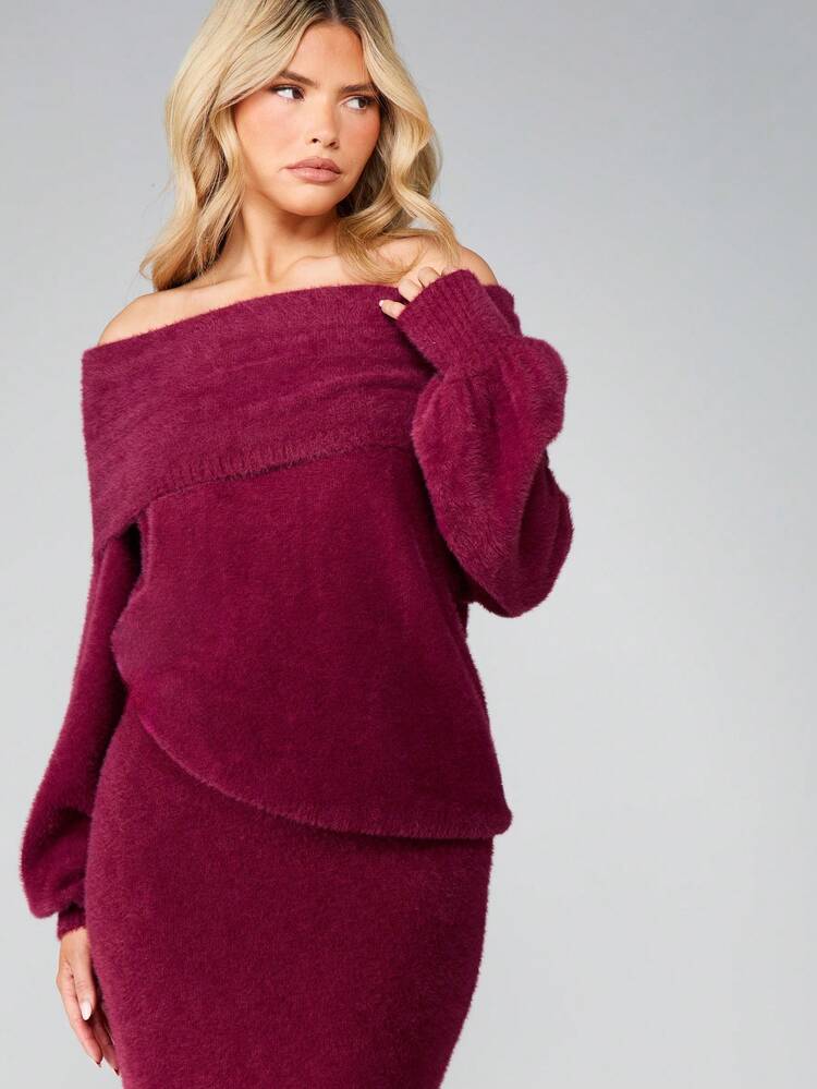 MISSGUIDED 벌룬 슬리브가 있는 오버사이즈 오프 숄더 스웨터 퍼지 니트 풀오버 겨울 가을 코지 라운지웨어