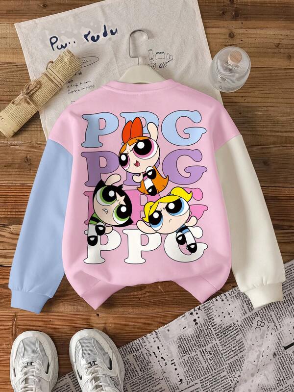THE POWERPUFF GIRLS X SHEIN Sudadera holgada de felpa con estampado de flores, burbujas y margaritas en bloques de color para niña preadolescente, uso casual y diario, otoño/invierno