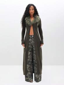 BABYPHAT 秋冬季羽毛装饰长款开襟羊毛衫，配人造毛皮领。 - 墨綠色 - 查看 1