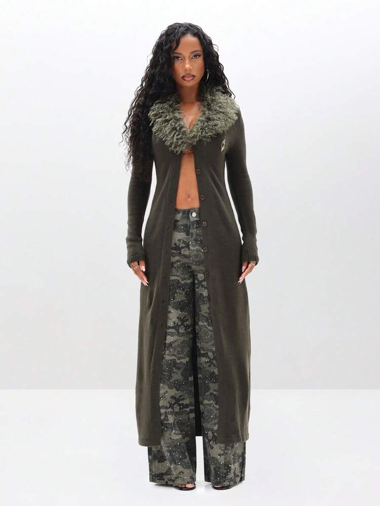 BABYPHAT Kardigan maxi z odkrytym przodem, wykończony piórami i kołnierzem ze sztucznego futra, idealny na jesień i zimę