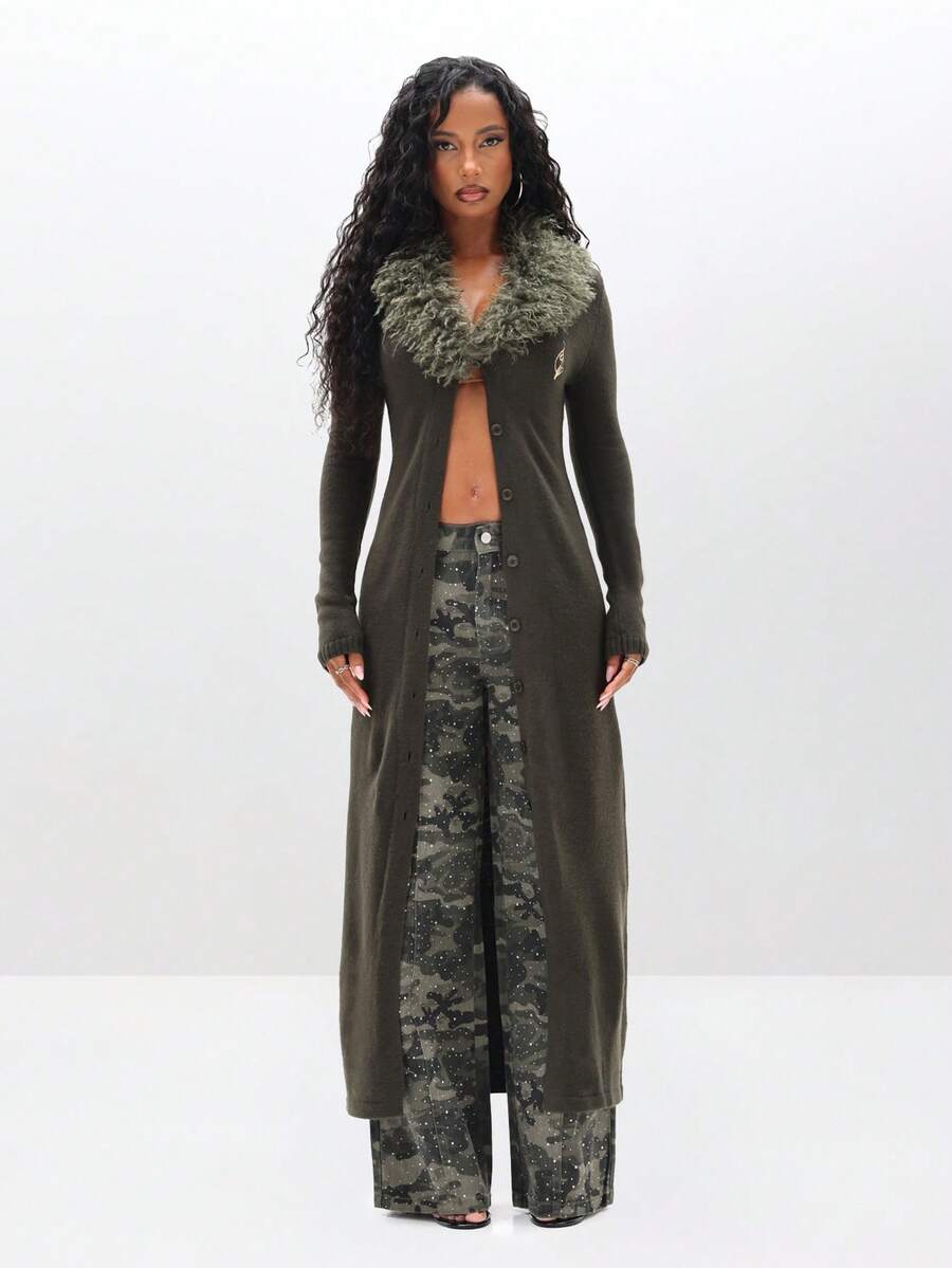 BABYPHAT 秋冬季羽毛装饰长款开襟羊毛衫，配人造毛皮领。 - 墨綠色 - 查看 1