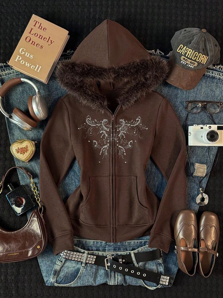 SHEIN EZwear Sweat-shirt à capuche imprimé casual avec strass et fourrure pour femmes, automne/hiver