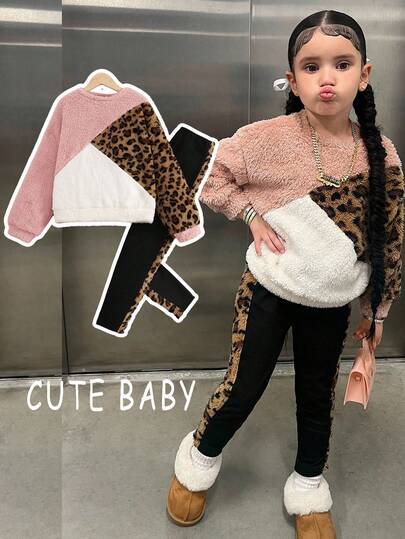 Conjunto informal de 2 piezas para niña pequeña con sudadera con capucha asimétrica de parche de leopardo y peluche de borrego y pantalones con forro de peluche, adecuado para uso diario en otoño/invierno
