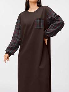 Modelyn Women's Plaid Patchwork Round Neck Drop Shoulder Long Sleeve Casual Sweatshirt Dress - Coffee Brown - View 6