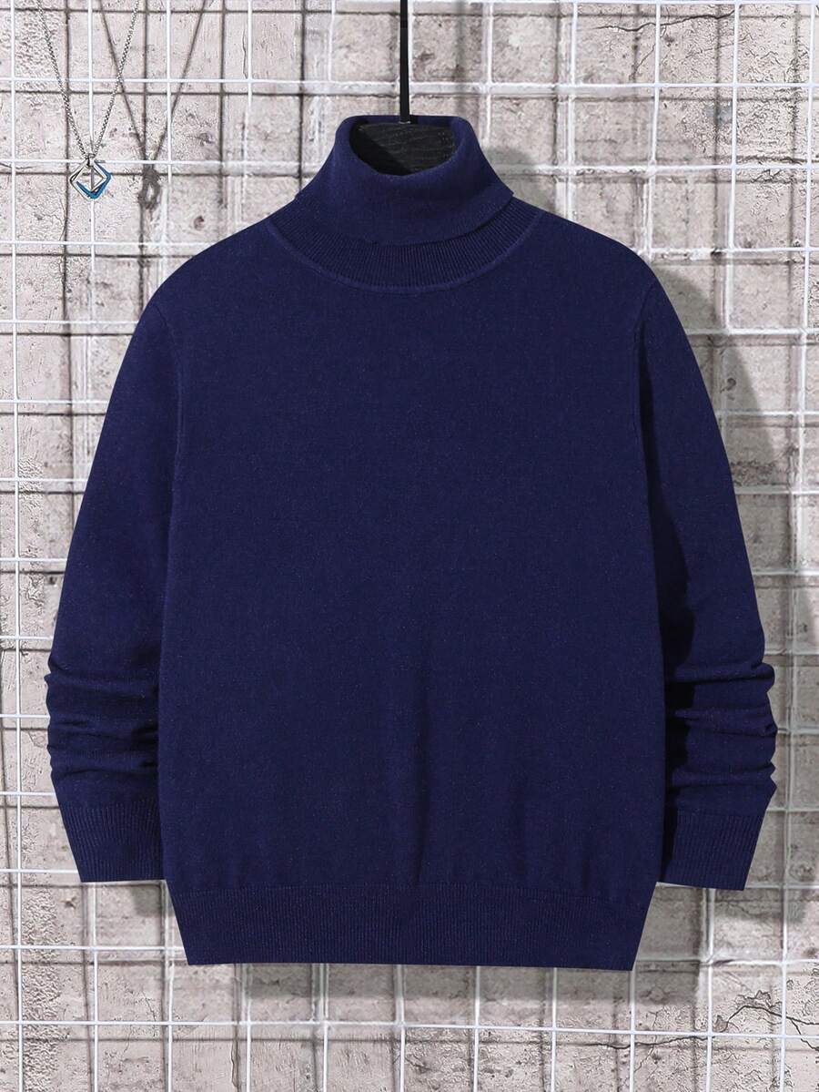 SHEIN 男童纯色高领长袖休闲毛衣,秋冬季 - 藏蓝色 - 查看 1