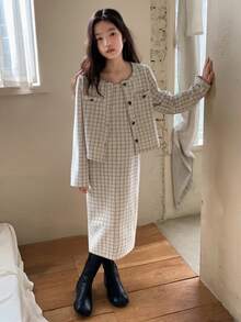 DAZY Tween Girls Outfit: Jacket + Jumper Dress Set, Autumn - Apricot - View 5