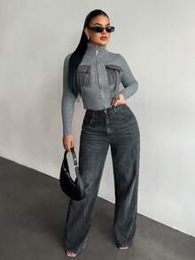 SHEIN SXY 女士常规款实用口袋拉链开衫，秋冬季 - 灰色 - 查看 5