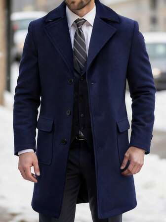 Manfinity Mode Men's Mid-Length Single-Breasted Business Casual Overcoat Men Long Coat Blue Blazer Men Men S Coats Royal Blue Men Clothes Navy Blue Jacket Daily Leisure, Weekend Trips, Outdoor Activities, Travel Expeditions, Relaxed Work Environments Or Semi-Formal Occasions,Boyfriend/Husband Gift, Anniversary Gift