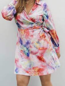 SHEIN Privé Plus Size Women Tie-Dye Print Side Knot Long Sleeve Casual Dress - Multicolor - View 4