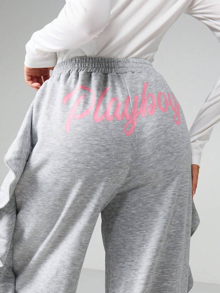 Missguided x Playboy Calça de Moletom Pantalona com Detalhe de Babado e Logo para Mulheres, Streetwear Casual e Loungewear