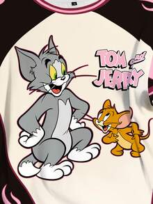 TOM & JERRY X SHEIN 大码休闲拼色字母和卡通图案圆领短袖T恤，夏季 - 白色 - 查看 4
