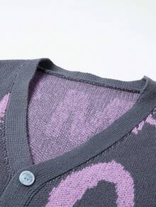 Manfinity Roghcode Áo khoác cardigan dệt kim dài tay, cài khuy đơn họa tiết chữ dành cho nam, mùa thu/đông - Màu tím - Xem 4