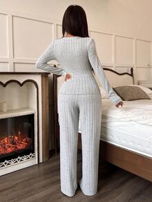 SHEIN Casual Comfortable Minimalist Lace Collar Knitted Ribbed Loungewear Set - Grey - View 2