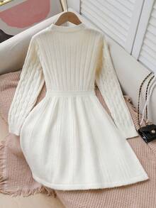 SHEIN Sparklyn 1pc Girls' Vintage Cable Knit Sweater Dress, Crew Neck Cinched Waist A-Line Hem, Black Horse Embroidery Pattern, Regular Thickness, Solid Color Clean Hem, Fashionable & Cute, Suitable For Daily Wear, Outings, Parties, School In Autumn/Winter Girls Sweater Dress Girl Long Sleeve Dresses Dress Kids Girl Dress Girl White Cute Teens Dress White Dress White Dress Cute Girls Dress White - Apricot - View 2