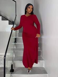 Xyvia Solid Split Hem Tee Dress Maxi Women Outfit - Burgundy - View 3