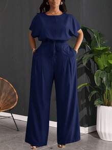Slaydiva Women Plus Size 2 Pieces Set Navy Blue Summer Casual Work Elegant Drawstring Hem Cropped Top And Wide Leg Pocket Pants,Commute Party Club Outdoor - Navy Blue - View 4