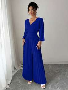 Rafferiza Women's Solid Color V-Neck Batwing Sleeve Pleated Wide Leg Elegant Jumpsuit Royal  Elegant Jumpsuits Blue Long Jumpsuit Royal Blue Elegant Jumpsuit - Royal Blue - View 4